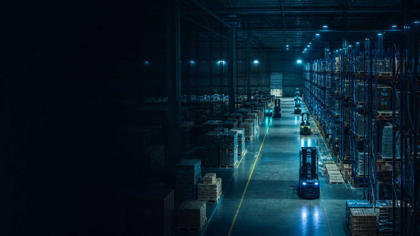 Illustrative night-time logistics warehouse scene with pallet racking and forklifts
