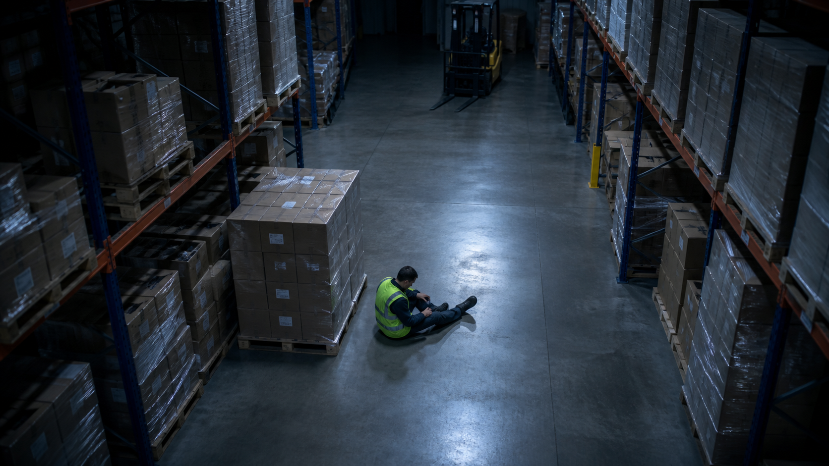 Illustrative warehouse camera frame showing a potential person-down event